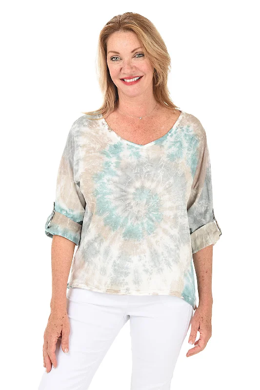 Seafoam Tie-Dye Roll-Tab Linen Blouse