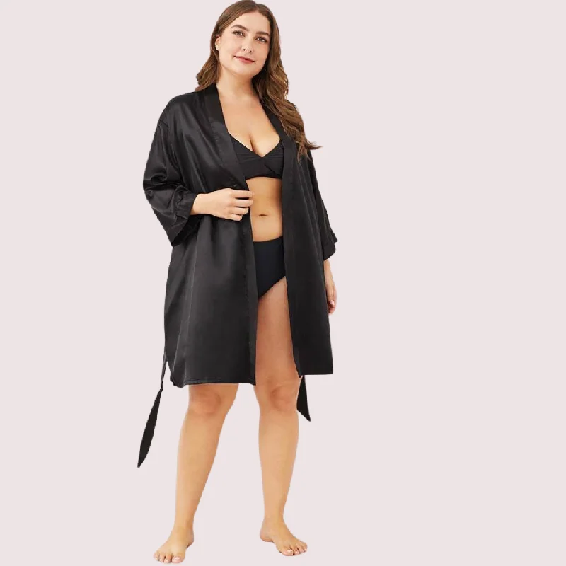 French Daina 5XL-6XL Black Japanese Silk Satin Robe