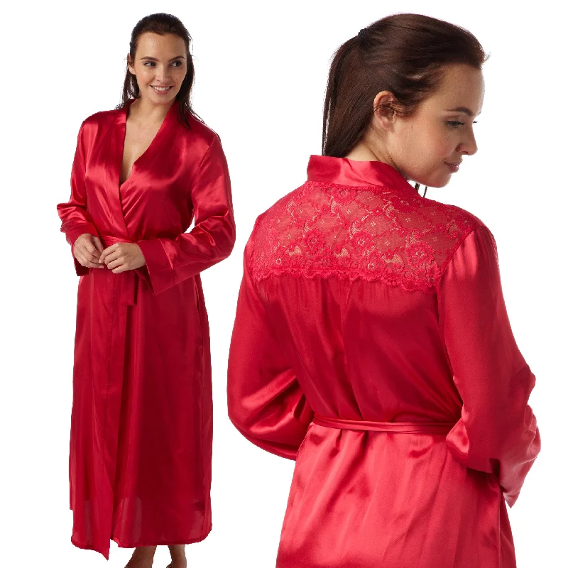 Long Plain Red Sexy Satin Lace Wrap Bathrobe