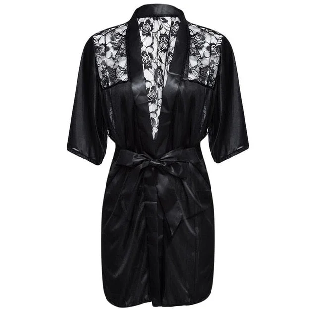 New Hot Sexy Lingerie Plus Size Satin Lace Black Kimono Intimate Sleepwear Robe Sexy Night Gown Women Erotic Underwear