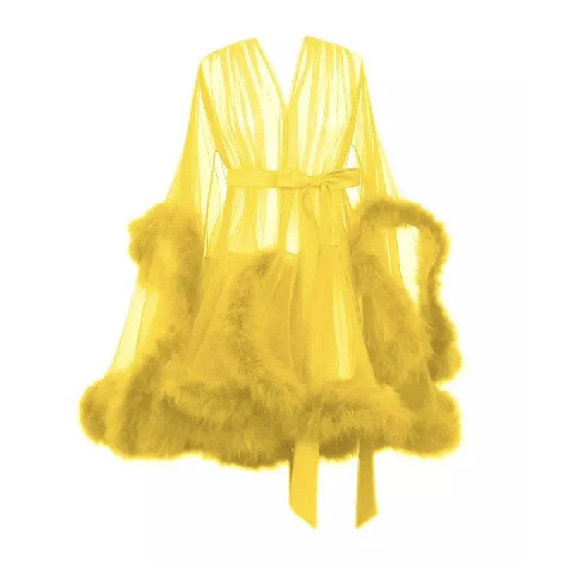 ""Night In"" Yellow Handmade Sheer Fluffy Mini Marabou Feather Robe