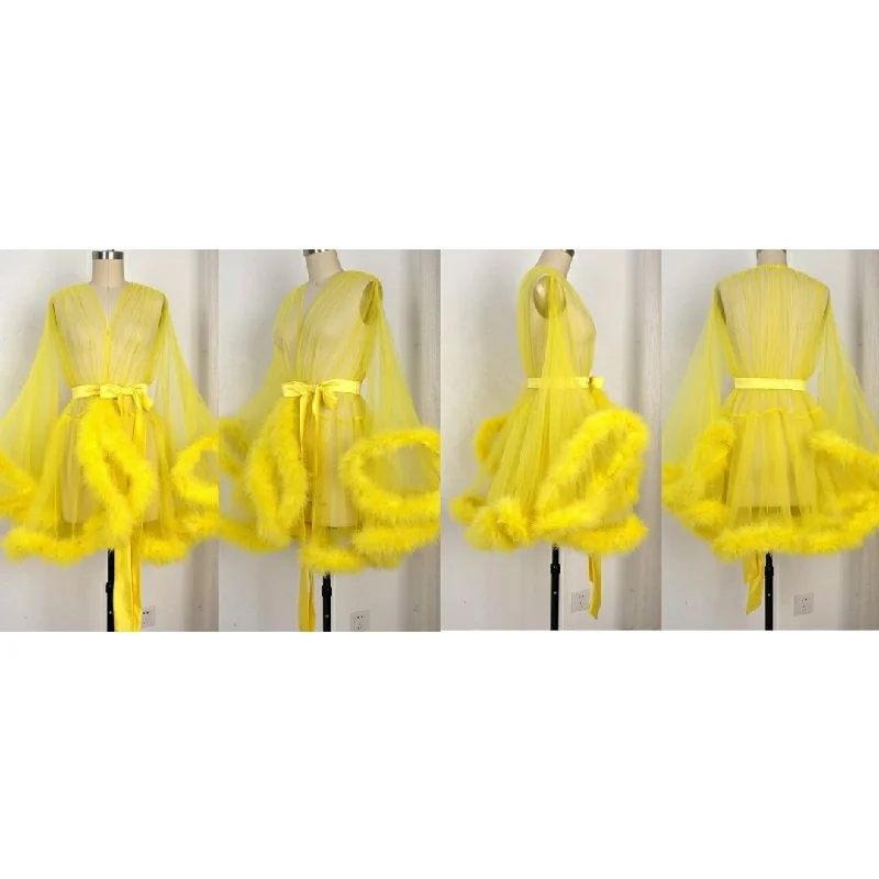 ""Night In"" Yellow Handmade Sheer Fluffy Mini Marabou Feather Robe