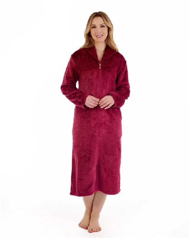 Slenderella-46'' Embossed Pattern Zip Front Housecoat-HC88332-Raspberry